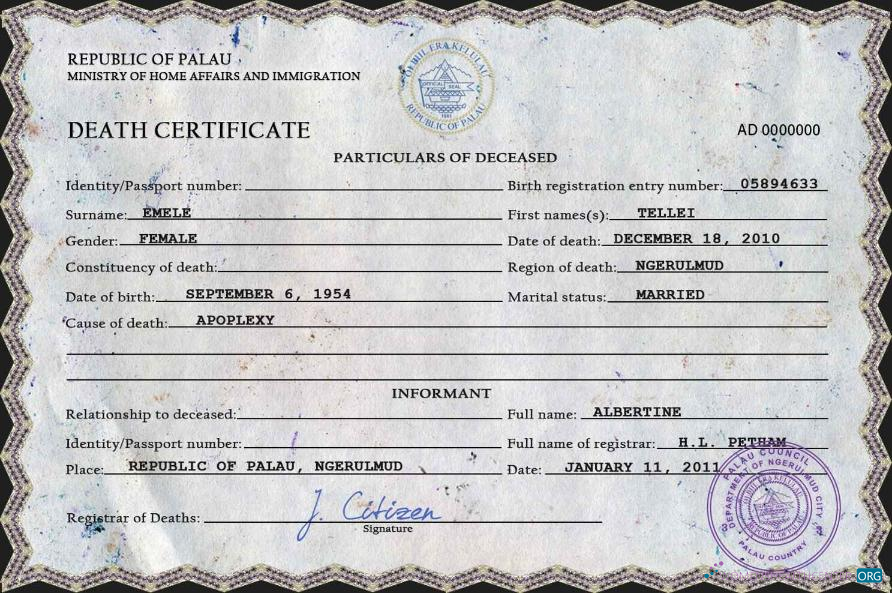 Download Palau death certificate PSD template Photoshop template